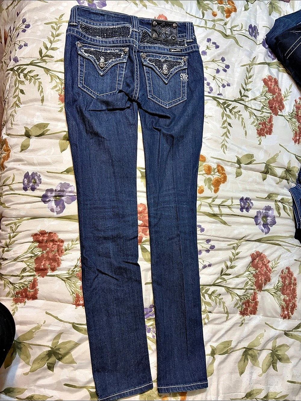 Miss Me Rhinestone Embellished Flap Pocket Skinny Jeans Blue Waist 27